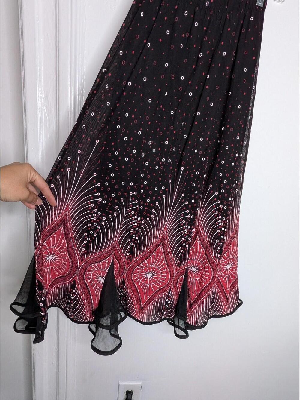 Boho Geometric Skirt S/M Black Red Chiffon Ruffle Layered Midi Flare Goth Fairy - Picture 4 of 6